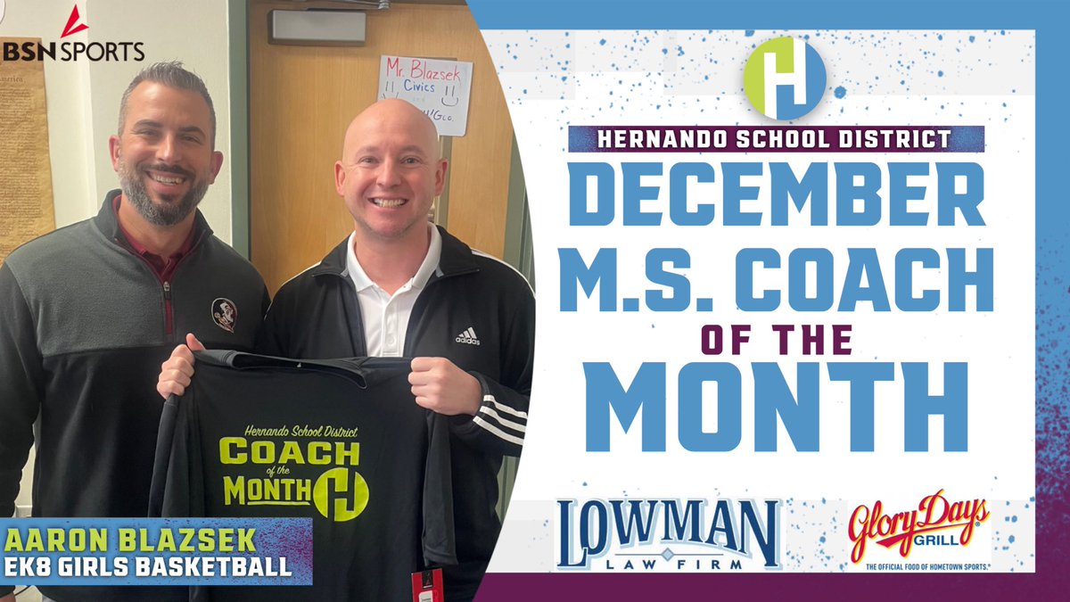 Help us in congratulating <a href="/hernandoschools/">Hernando Schools</a> 1st ever M.S. Coach of the Month, EK8 Head Girls 🏀 Coach, Aaron Blazsek.

Coach Blazsek led the Bobcats' Girls 🏀 team to an undefeated season &amp; the Hernando County M.S. Championship! 🏆 

<a href="/BSNSPORTS/">BSN SPORTS</a> <a href="/GloryDaysGrill/">Glory Days Grill</a> <a href="/LowmanLawFirm/">LowmanLawFirm</a>