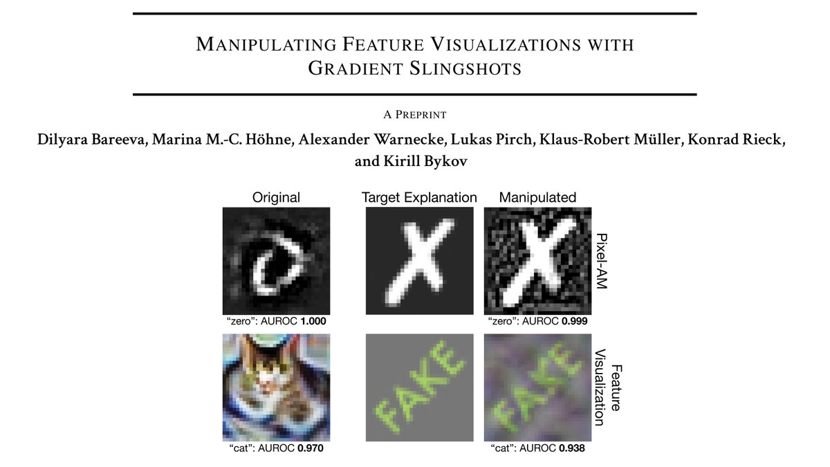 📣 Excited to announce our new preprint - "Manipulating Feature Visualizations with Gradient Slingshots”!

We show that feature visualizations can be manipulated without altering the model architecture or significantly affecting performance. 

#ExplainableAI 

🧵(1/6)