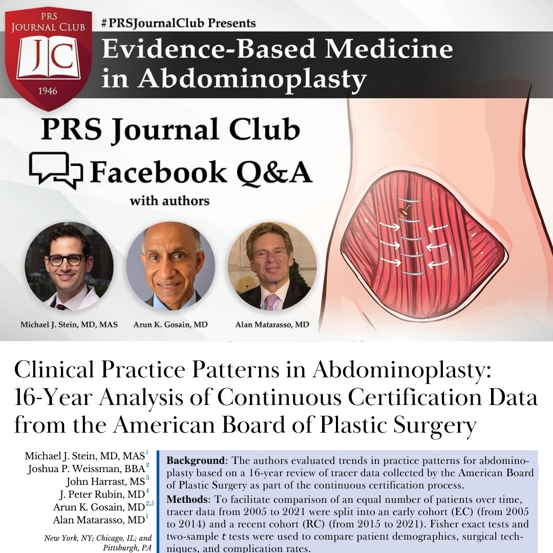 We had a very productive and interactive #PRSJournalClub Q&A yesterday about the January 2024 PRS article, 'Clinical Practice Patterns in Abdominoplasty: 16-Year Analysis of Continuous Certification Data from the American Board of Plastic Surgery”.