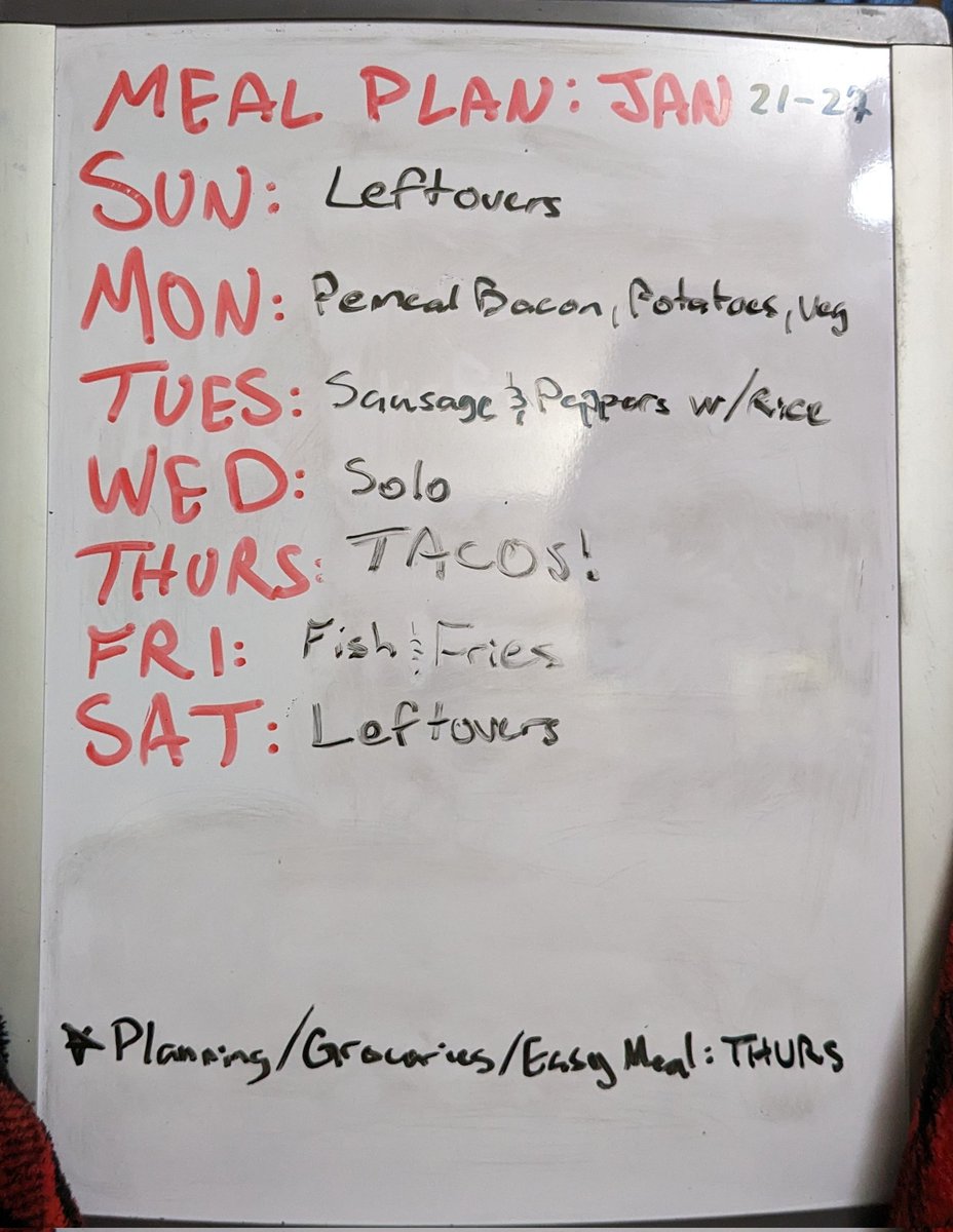 CamillaScarlet_'s tweet photo. New week cooking schedule!
#CamiCookingArc 
My dry erase marker is drying out 😅 https://t.co/h5BIPtnvom