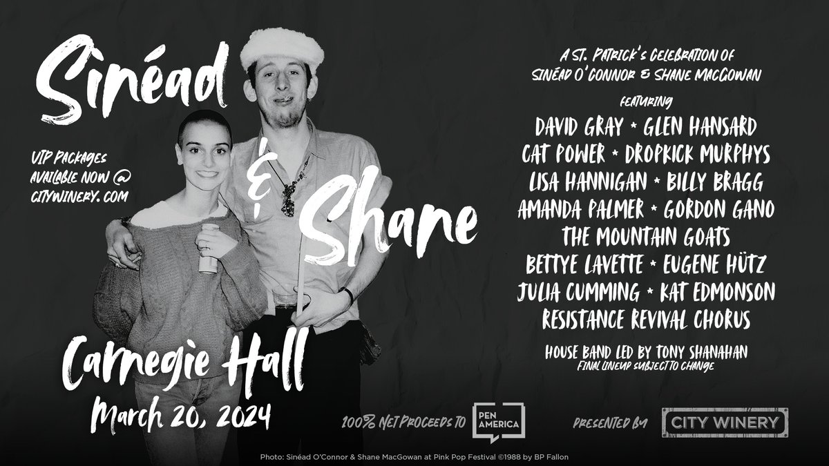 🎟️ Tickets on sale today! Join us in paying tribute to irreplaceable truthtellers Sinéad O'Connor + Shane McGowan alongside a slate of amazing artists at a special fundraiser for @PENamerica on 3/20 at Carnegie Hall. Seats are going fast, don't miss out! carnegiehall.org/calendar/2024/…