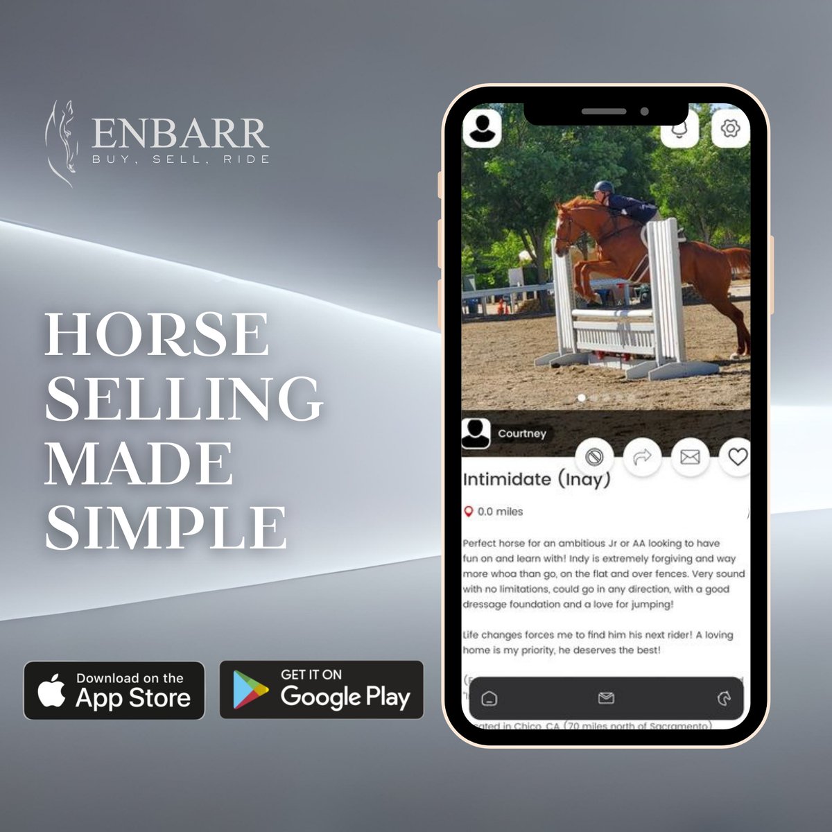 EnbarrApp's tweet photo. Streamline your horse-selling experience with ENBARR – where simplicity meets effectiveness.

Trust ENBARR to showcase your horse to the right audience, ensuring a straightforward and successful selling journey.

🧲 Download ENBARR now!

#HorsesForSale https://t.co/71Wyhsz1qi