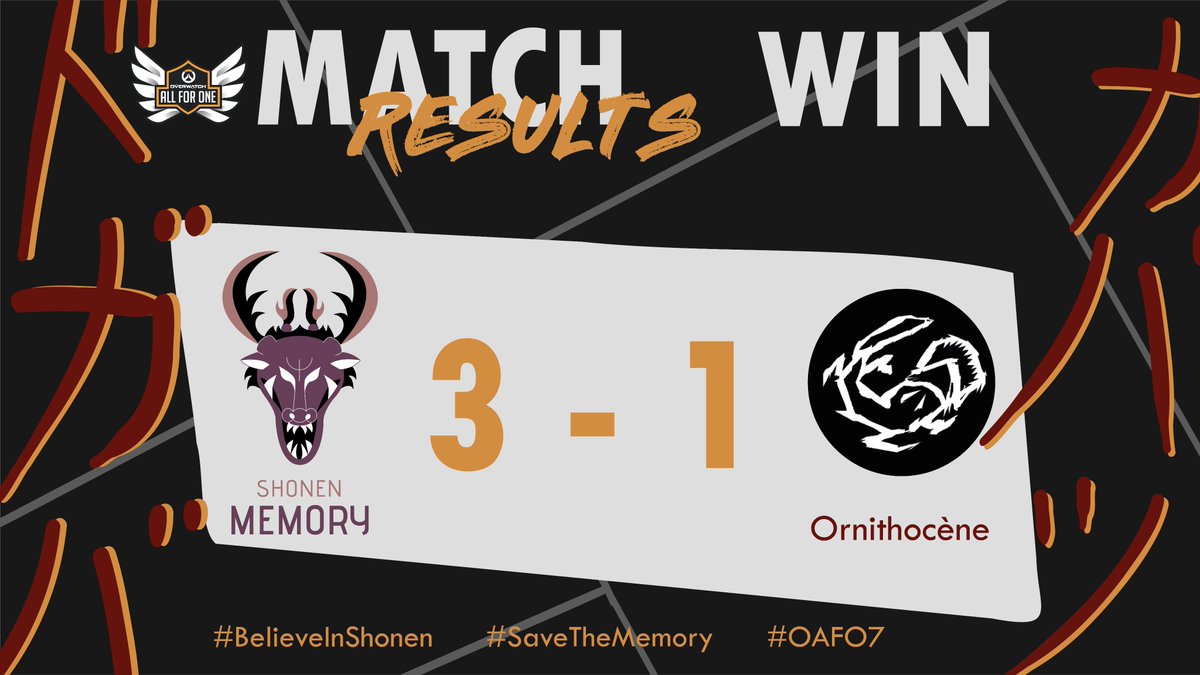 Qui dit 2 matchs du <a href="/PlayAllForOneFR/">Overwatch AllForOne France</a> 2024 dit 2 résultats !

Les Shonen Legacy se sont malheureusement inclinés 0 à 3 contre les <a href="/4eSport_Efrei/">4eSport</a> 🥲

Les Shonen Memory l'emportent 3 à 1 face aux <a href="/ornithocene/">Ornithocène</a> avec une défense de Rialto mémorable 😎 (Memory, mémorable, vous l'avez ?)