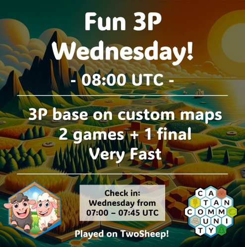 Catan_Community's tweet photo. 🌐 Brace yourselves for an exhilarating adventure of strategy and enjoyment! 🎮 Join our upcoming 3-Player Base Tournament in the timeless realm of Catan. 

🕗 Tournament kicks off wednesday at 8 AM UTC. Are you ready for the challenge? 🚀 #CatanChallenge #StrategyGaming #GameOn https://t.co/8xcBA1Io8E