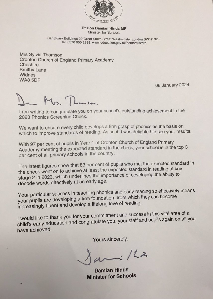 crontonceschool's tweet photo. What an amazing achievement for our school to receive this letter from @DamianHinds for our outstanding standards in phonics and early reading. We are in the top 3% nationally. Go team Cronton @LDSTEducation #Keyscurriculum #best https://t.co/othrhG5wAy