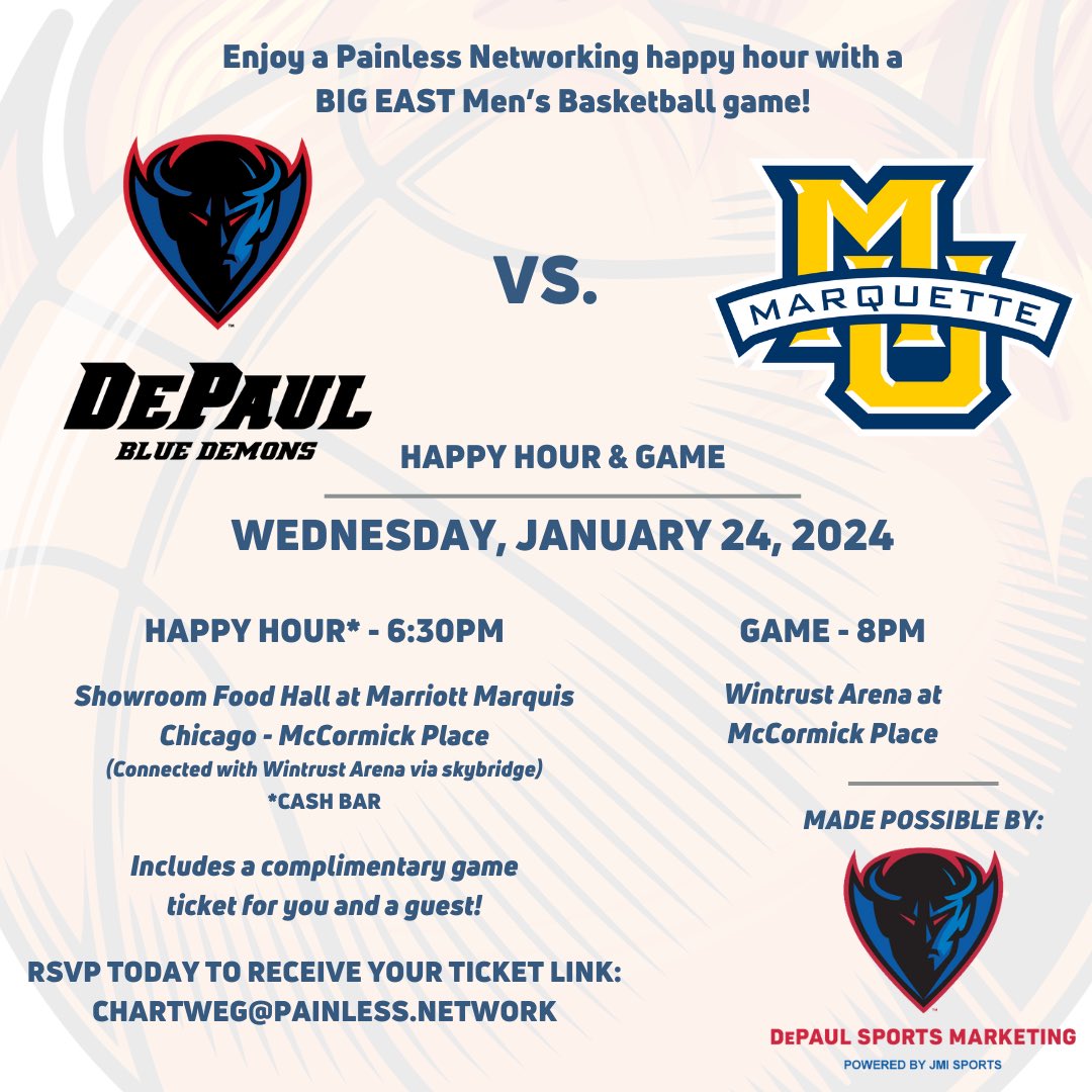 Painless Network (@painlessnetwork) on Twitter photo LAST CALL to #PainlesslyNetwork THIS Wed!
Join us 1/24/24 at 6:30pm for Happy Hour at Showroom Food Hall at <a href="/MarriottMarquis/">Atl Marriott Marquis</a> at McCormick Pl.
Then at 8p watch <a href="/DePaulHoops/">DePaul Basketball</a> take on <a href="/MarquetteMBB/">Marquette Basketball</a>.
Today is your LAST CHANCE to RSVP for 2 comp game tix! mailchi.mp/painless/depau… LAST CALL to #PainlesslyNetwork THIS Wed!
Join us 1/24/24 at 6:30pm for Happy Hour at Showroom Food Hall at <a href="/MarriottMarquis/">Atl Marriott Marquis</a> at McCormick Pl.
Then at 8p watch <a href="/DePaulHoops/">DePaul Basketball</a> take on <a href="/MarquetteMBB/">Marquette Basketball</a>.
Today is your LAST CHANCE to RSVP for 2 comp game tix! mailchi.mp/painless/depau…
