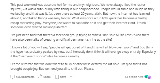 hi how are you hello 

if you have engaged with chicago rat hole content over the past two weeks, you're legally obligated to retweet this gentle plea from its neighbors which was posted to reddit today