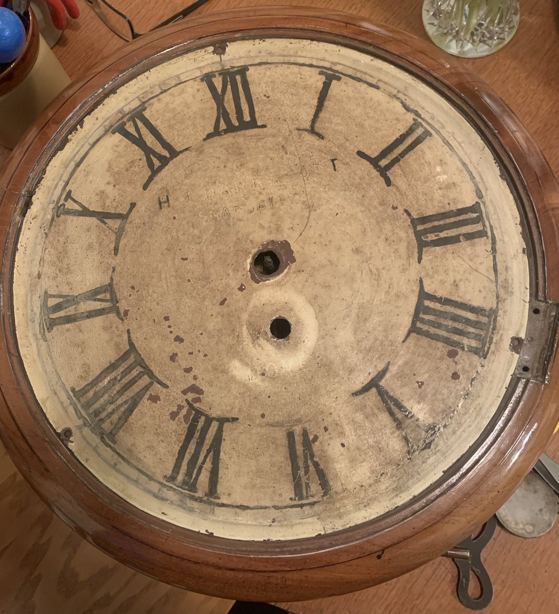 2016industrial's tweet image. My workshop clock was originally a Pub clock c1850. It’s had a few poor repairs &amp;amp; restorations. So I set out to restore it properly. Hand drawing the clock dial was the hardest, as I wanted to keep some perception of age. #restoration #repair #oldclock #antique #workshop
