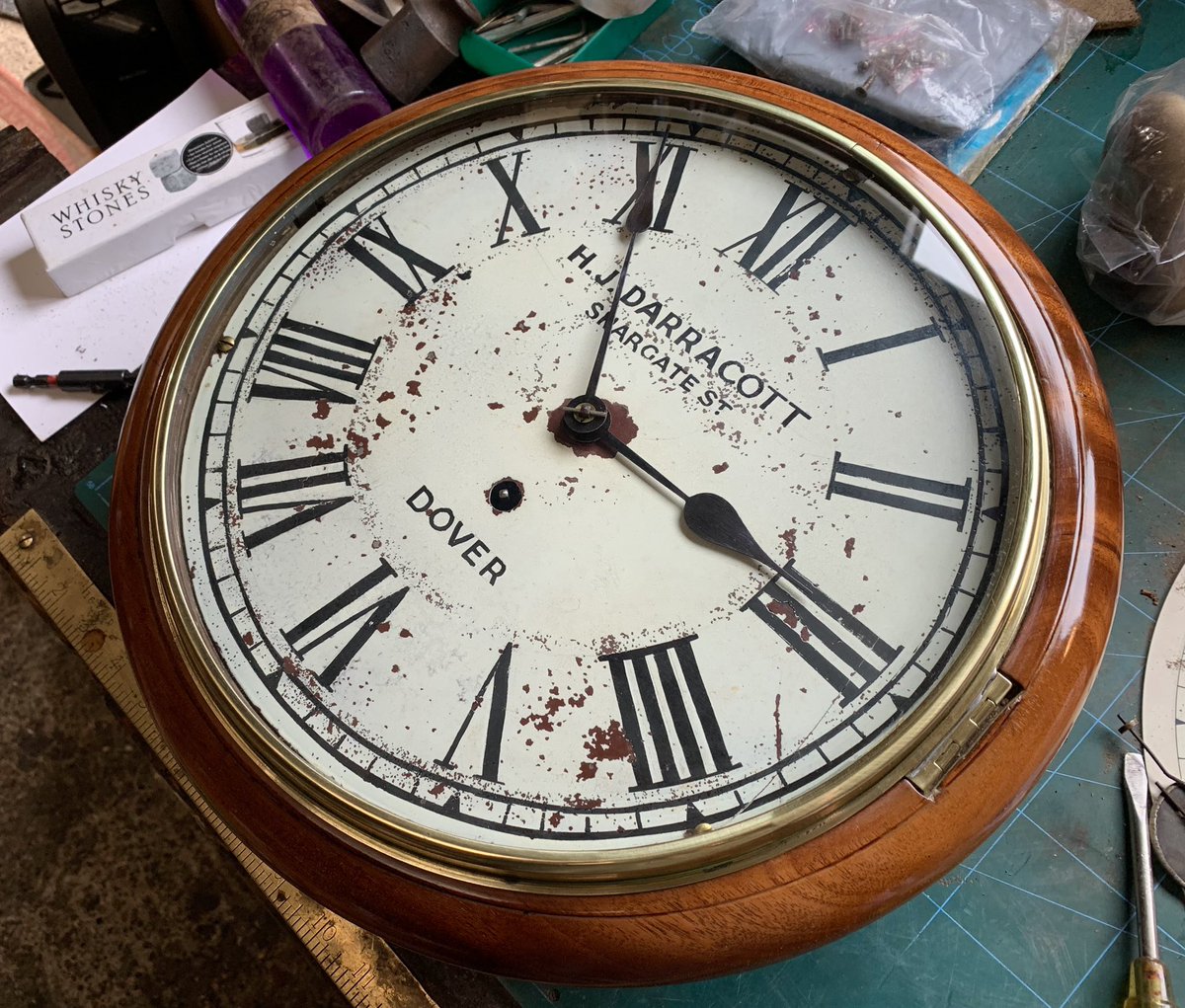 2016industrial's tweet image. My workshop clock was originally a Pub clock c1850. It’s had a few poor repairs &amp;amp; restorations. So I set out to restore it properly. Hand drawing the clock dial was the hardest, as I wanted to keep some perception of age. #restoration #repair #oldclock #antique #workshop