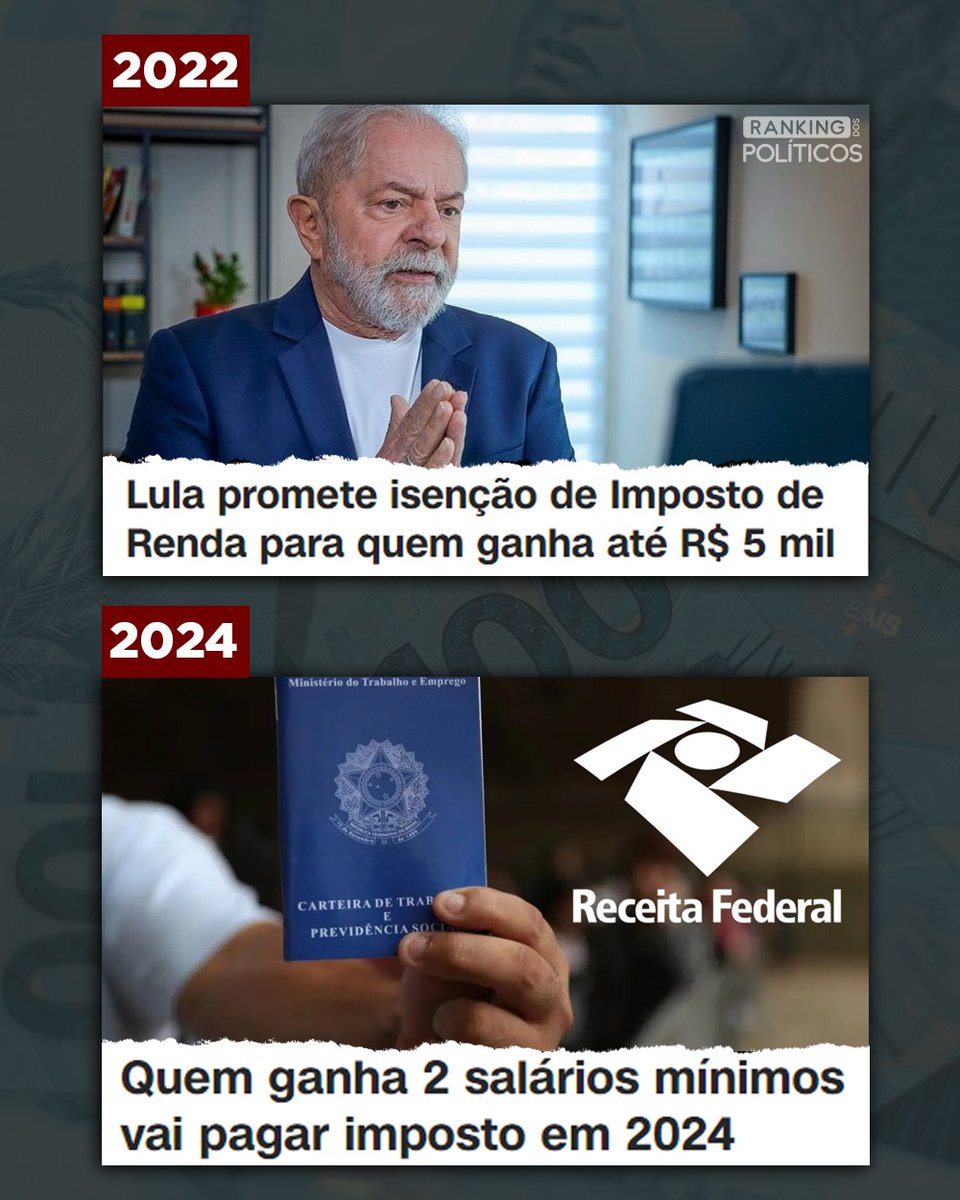 RankPolitico's tweet photo. MAIS IMPOSTO PARA OS POBRES!

Hoje, a renda das pessoas que ganham 2 salários mínimos é de R$ 2.824. A tabela de isenção não foi corrigida conforme o aumento, muito menos conforme a promessa de Lula de isentar quem ganha até R$ 5 mil.

Leia mais: https://t.co/5CVvJx0wtM https://t.co/7CWvOqbvuu