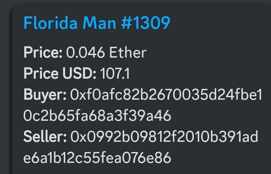 Florida Man Sales Bot 🤖 (@flmansales) on Twitter photo 🐿️ 🦎 <a href="/FLmanNFTs/">Florida Man</a> #1309 SOLD FOR .046 $ETH 📈
#MadMondays is here at #FloridaMan
🚨 WHO'S NEXT? 👇 📈 🐿️ 🦎 <a href="/FLmanNFTs/">Florida Man</a> #1309 SOLD FOR .046 $ETH 📈
#MadMondays is here at #FloridaMan
🚨 WHO'S NEXT? 👇 📈