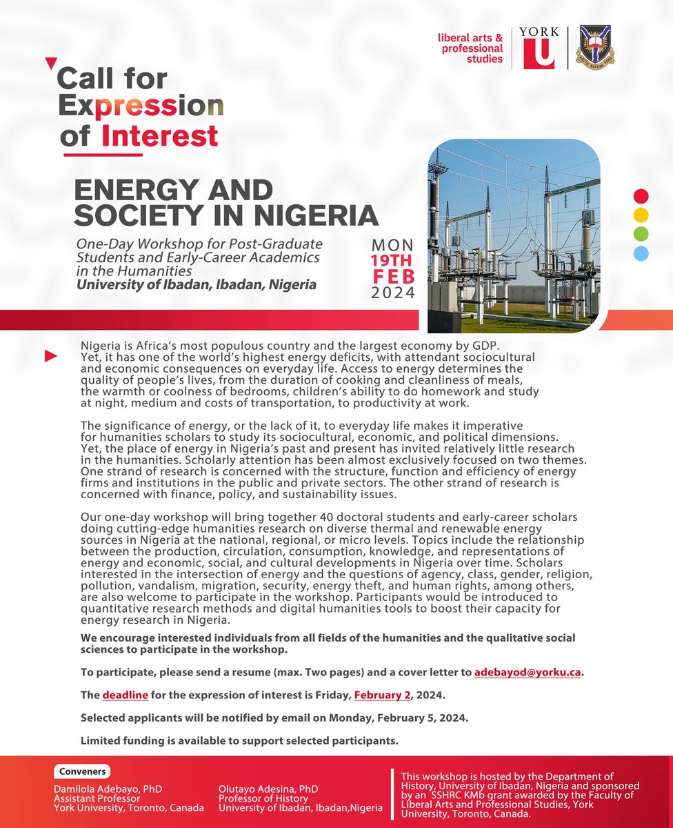 I am co-organizing an early-career humanities workshop at the University of Ibadan next month. As an early-career scholar, I look forward to learning from colleagues as we explore diverse energy humanities themes with reference to Nigeria. See poster for details.