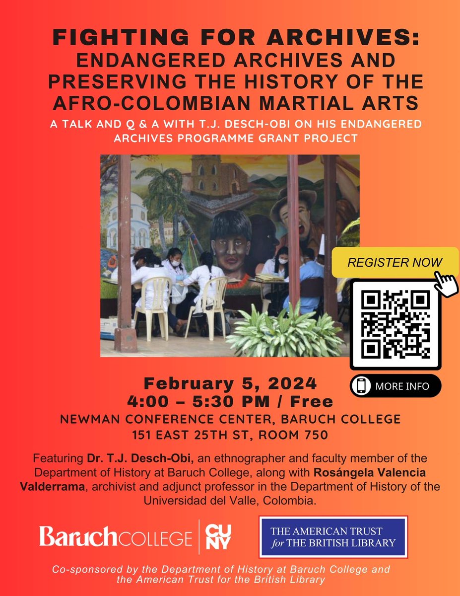 Come and learn about @britishlibrary's Endangered Archives Programme on Feb 5! Featuring @BaruchCollege's Dr. TJ Desch-Obi's work. Register--> weblink.donorperfect.com/tjdeschobi #archives @bl_eap #equityinarchives #archivalpreservation @baruchhistory #colombia