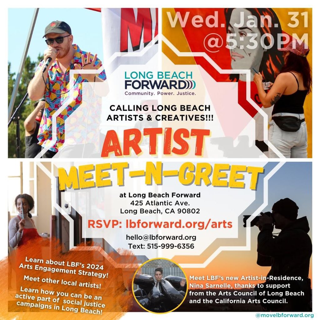 Calling all local artists and creatives! 🎨 Don't miss our inaugural Artist Meet-n-Greet on January 31st at the Long Beach Forward office! Connect with fellow local artists and help contribute to social justice campaigns in Long Beach. RSVP at lbforward.org/arts