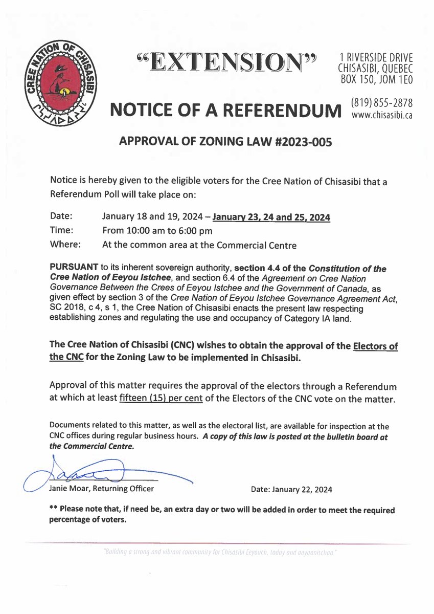 EXTENSION Please read the Notice of a Referendum regarding the approval of the law #2023-005 - Zoning. Extended period: January 23, 24 and 25, 2024 from 10 a.m. to 6 p.m.
