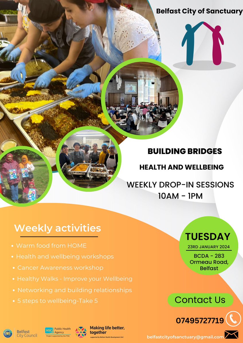 Building Bridges Health and Well-being workshop *23/01/2024 @ 10am*. Venue: BCDA - 283 Ormeau Road, Belfast. BT7 3GG.
Highlights for the week will be    
*Take 5 to wellbeing - Steps to maintaining a healthy lifestyle*  
*Cancer Awareness Campaign - understanding Cervical Cancer