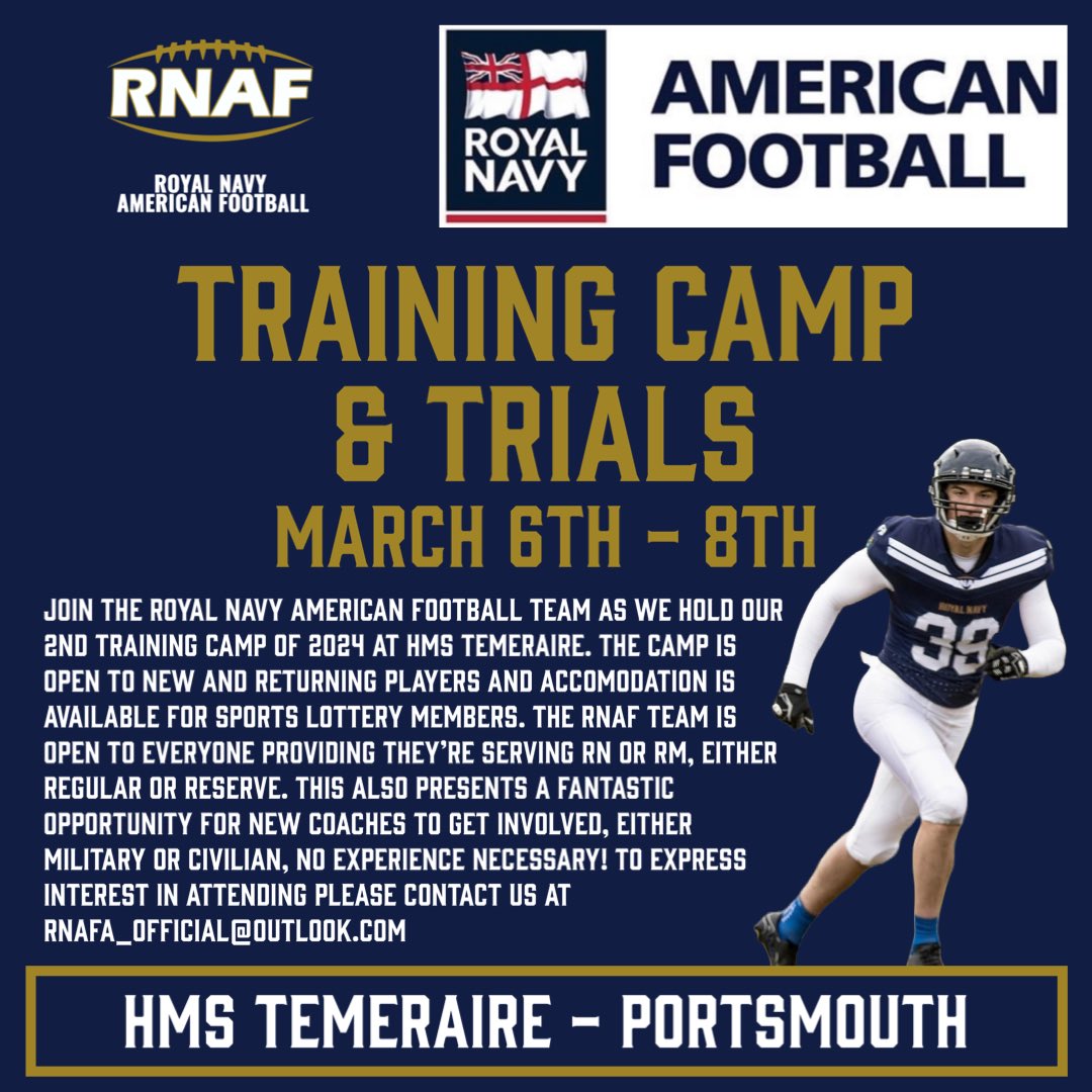 Royal Navy American Football (@royalnavyaf) on Twitter photo ๐จ Training Camp ๐จ
Contact rnafa_official@outlook.com to register interest! ๐
#RoyalNavy #RoyalMarines #AmericanFootball #GoNavy #BeatArmy #BeatRAF #Britball #BAFA #Training #Camp #Portsmouth #Gridiron #ParaBellum ๐จ Training Camp ๐จ
Contact rnafa_official@outlook.com to register interest! ๐
#RoyalNavy #RoyalMarines #AmericanFootball #GoNavy #BeatArmy #BeatRAF #Britball #BAFA #Training #Camp #Portsmouth #Gridiron #ParaBellum