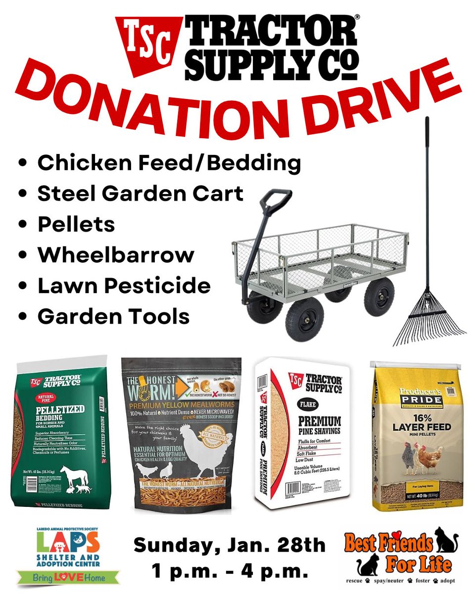 Join us at Tractor Supply this Sunday! Stop by to meet some LAPS dogs 🐶 and BFFL cats 🐱 All animals are vaccinated, spayed/neutered, dewormed, and microchipped.

Can’t adopt? Donate an item or drop a dollar in our donation box!

<a href="/bestfriends_LDO/">Bestfriendsforlife15</a> 
<a href="/TractorSupply/">Tractor Supply</a>