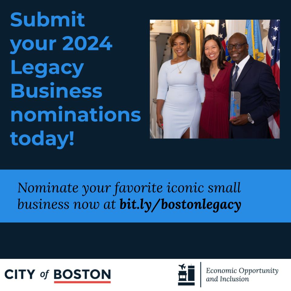 📣 Calling on Boston Residents! We are excited to launch 🚀 the 2024 Nominations for our Legacy Business Program! These businesses are cultural anchors and part of Boston’s historic identity. Learn more and submit YOUR nomination at: bit.ly/bostonlegacy