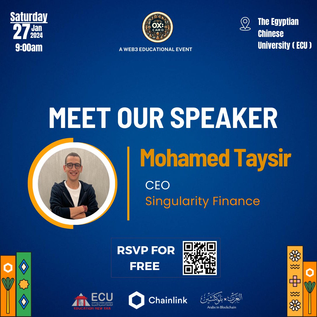 Excited to welcome <a href="/MohamedTaysir1/">Mohamed Taysir ☀️</a> as a speaker at #0xCairo! 
Mohamed, CEO of <a href="/SingularityFinc/">Singularity</a> and former Head of Business Dev <a href="/FlareNetworks/">Flare ☀️</a>. He holds an MSc in real estate from Manchester Uni &amp; a BSc from AUC. 🚀
Register Now: lu.ma/0xCairo
#chainlinkInEgypt