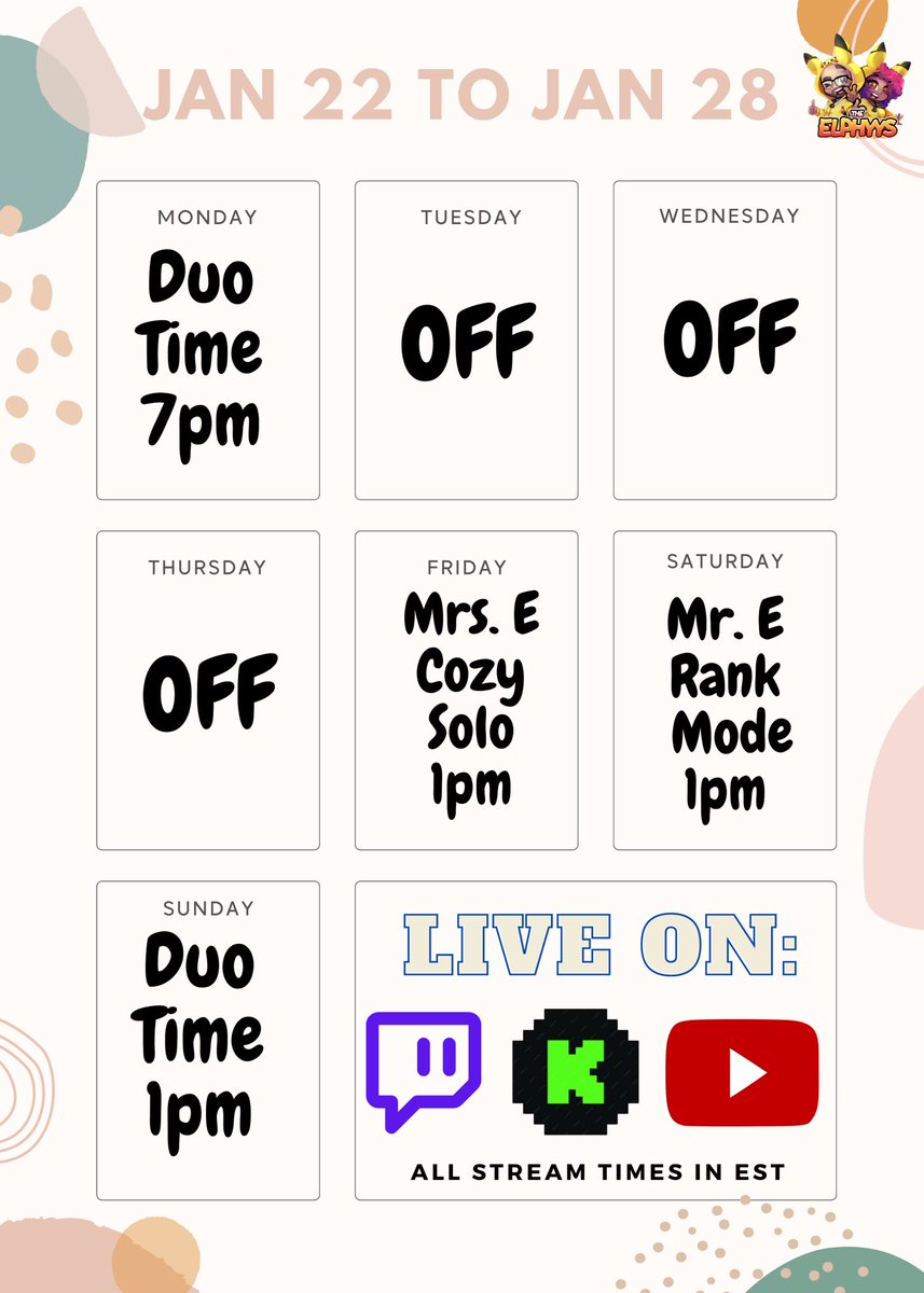 theelphyys's tweet photo. This week’s schedule!! We are absolutely hooked on @Palworld_EN!! So we will be hanging out having some more fun this week!! Come hangout with us and have some exploring fun!! #duostreamer #dualperspective https://t.co/LbYGl9PLcG