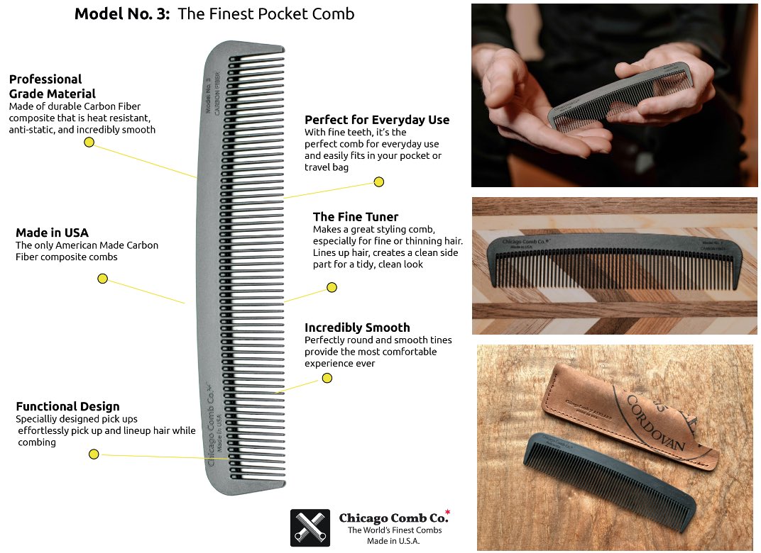 ChicagoComb's tweet image. Product launch day! We’re thrilled for introduce the new Model No. 3 Carbon Fiber, the finest pocket comb. A modern interpretation of the traditional pocket comb. Fine teeth. Makes a great daily use styling comb, especially for fine hair. chicagocomb.com. Made in USA 🇺🇸
