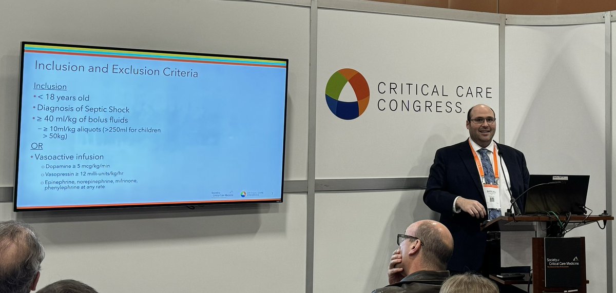 Now at RST1 #SCCM2024 <a href="/ChildrensPhila/">Children's Hospital</a> <a href="/CHOP_CCMFellows/">CHOP PICU Fellows</a> @srosenblatt_md describing Christie Glau et al’s work with hemodynamic #POCUS in pediatric shock - those with early hPOCUS ⬇️ likely to have severe fluid overload and ⬇️ odds of severe fluid overload #PedsICU #sepsis