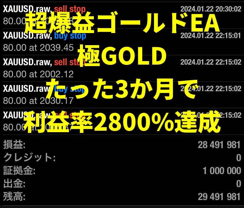 【自動売買で年収2800万円達成‼️】

🐲1万円から利用できる最強無敵EA🐲

🔥🔥🔥極GOLD🔥🔥🔥

✅ナンピンマーチン無し
✅トレイル機能で利益無限大♾️
✅オートロットシステム搭載

たった3か月で
100万▶︎2800万円は破壊力ヤバい😂

⚠️公式オプチャも参加者爆増中‼️⚠️
line.me/ti/g2/pDZnh4sx…