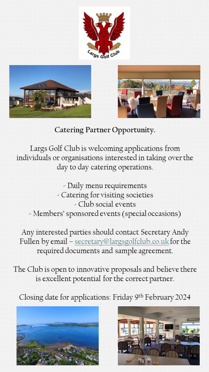 🚨 Catering Partner Opportunity🚨 We are currently inviting applications for individuals / organisations to be the Club’s Catering Partner. Please see the attached poster and if interested contact our Secretary on the email provided.