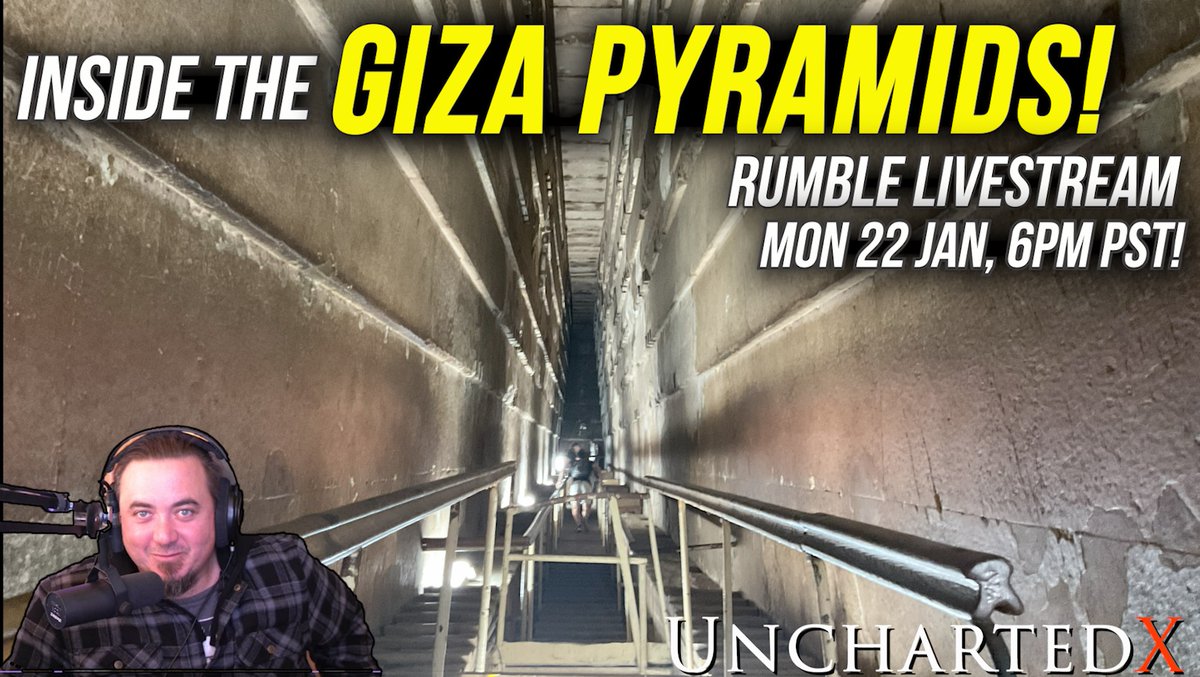 Streaming live on Rumble today, 6PM PST! Taking you on a tour inside the Great Stone Pyramids of the Giza Plateau! rumble.com/v48lwwr-unchar…