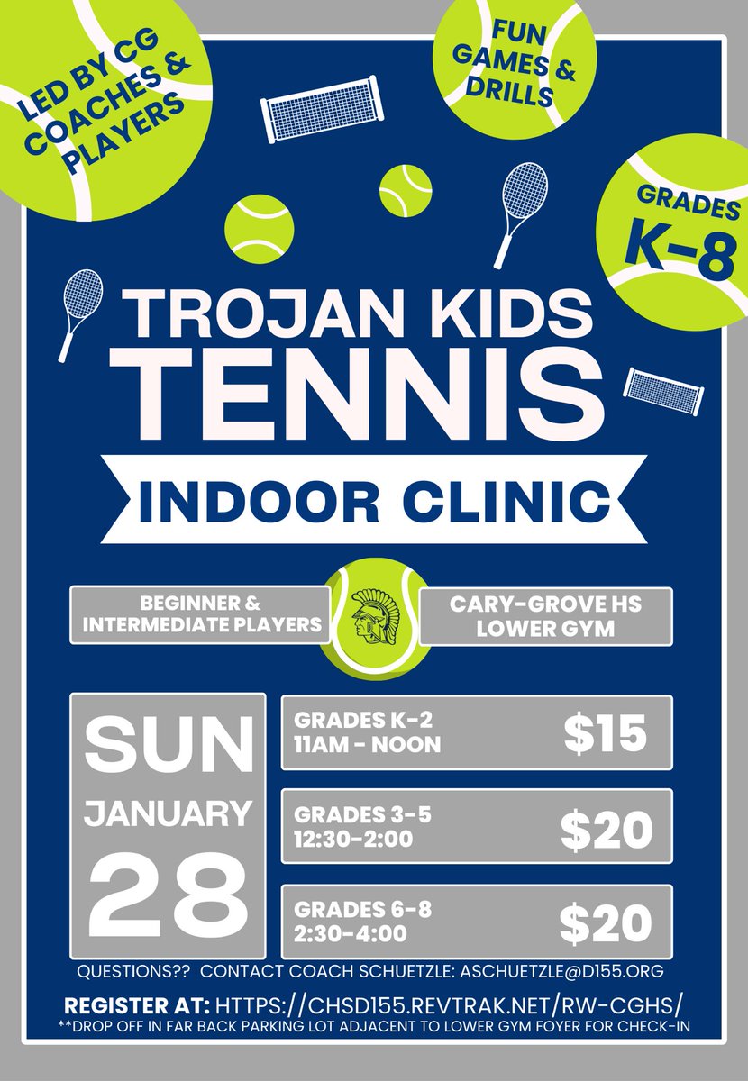 CGHSTennis's tweet image. 🗣️6 DAYS AND COUNTING!

CG tennis program’s 1st Annual CG Kids Clinic is this Sunday, 1/28/24 indoors in the CG lower gym. Geared more to the beginner &amp;amp; intermediate player in grades K-2, 3-5, &amp;amp; 6-8. Get signed up for some fun!

MORE INFO &amp;amp; TO REGISTER👇🏻
chsd155.revtrak.net/RW-CGHS/