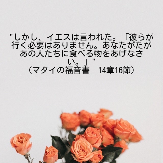 J373's tweet photo. "しかし、イエスは言われた。「彼らが行く必要はありません。あなたがたがあの人たちに食べる物をあげなさい。」"
(マタイの福音書　14章16節) https://t.co/k52Im3GbGB