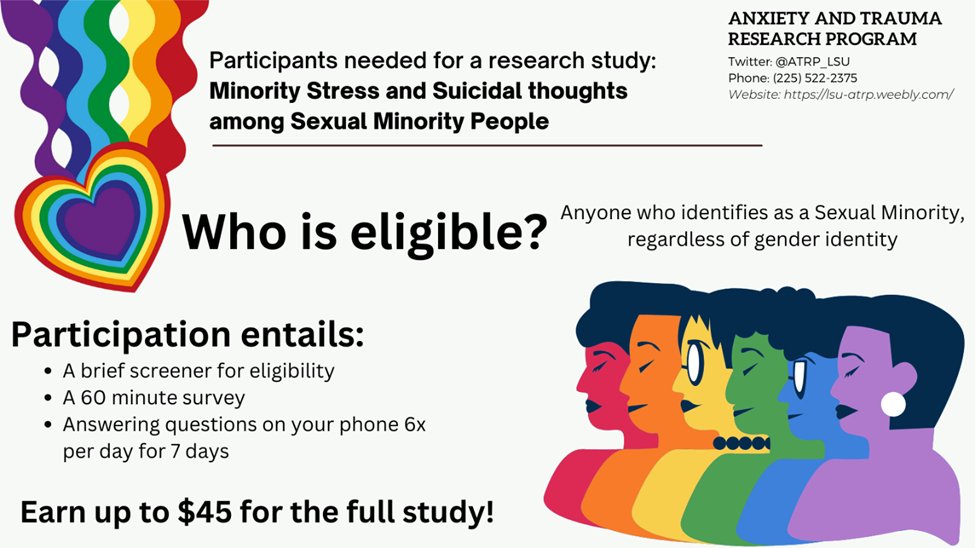 We are recruiting participants for a study examining Minority Stress and Suicidal thoughts among Sexual Minority People. Please see the flyer below for more details. To determine if you are eligible, please take the screener here: redcap.lbrn.lsu.edu/surveys/?s=4LF…