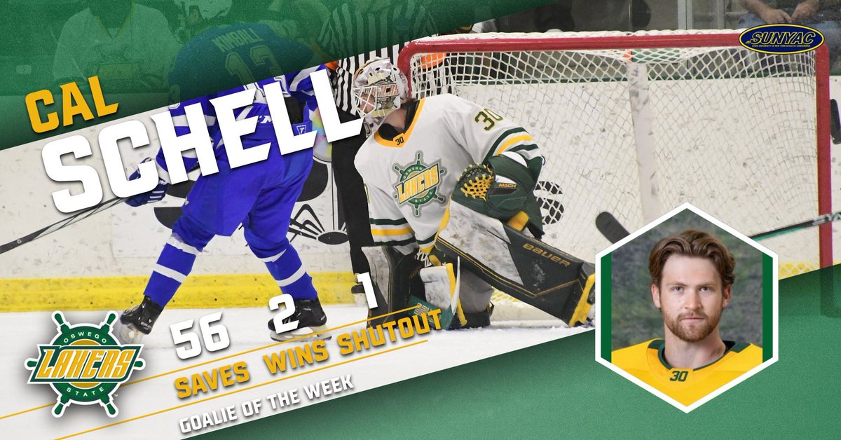 Congratulations to sophomore goaltender Cal Schell on being named SUNYAC Goaltender of the Week!