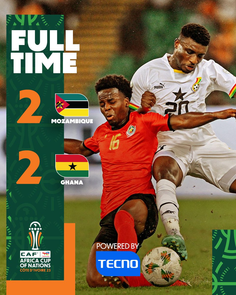 GprGhana's tweet photo. #Kudus win Man of the Match for a 2nd consecutive match as #Ghana draws 2:2 against #Mozambique

Ghana has a slim chance of qualification as 3rd best Team depending on the outcome in group C &amp; F

 #TotalEnergiesAFCON2023 
#AFCON2023
#ChrisHughton
#DedeAyew #RichardOfori https://t.co/d9qYeninRF