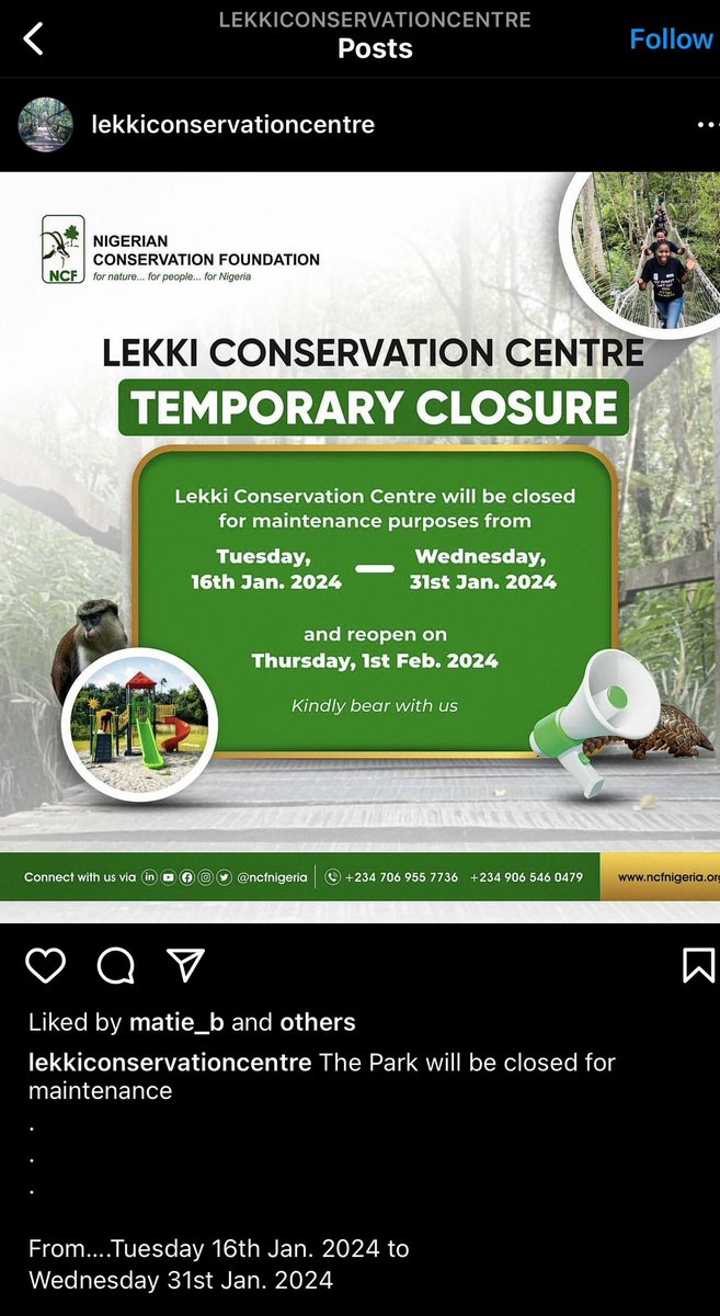 gentlestbabe's tweet photo. The Lekki conservation centre is currently doing repairs and is closed till 1st of February. https://t.co/7V9nlC7nt4