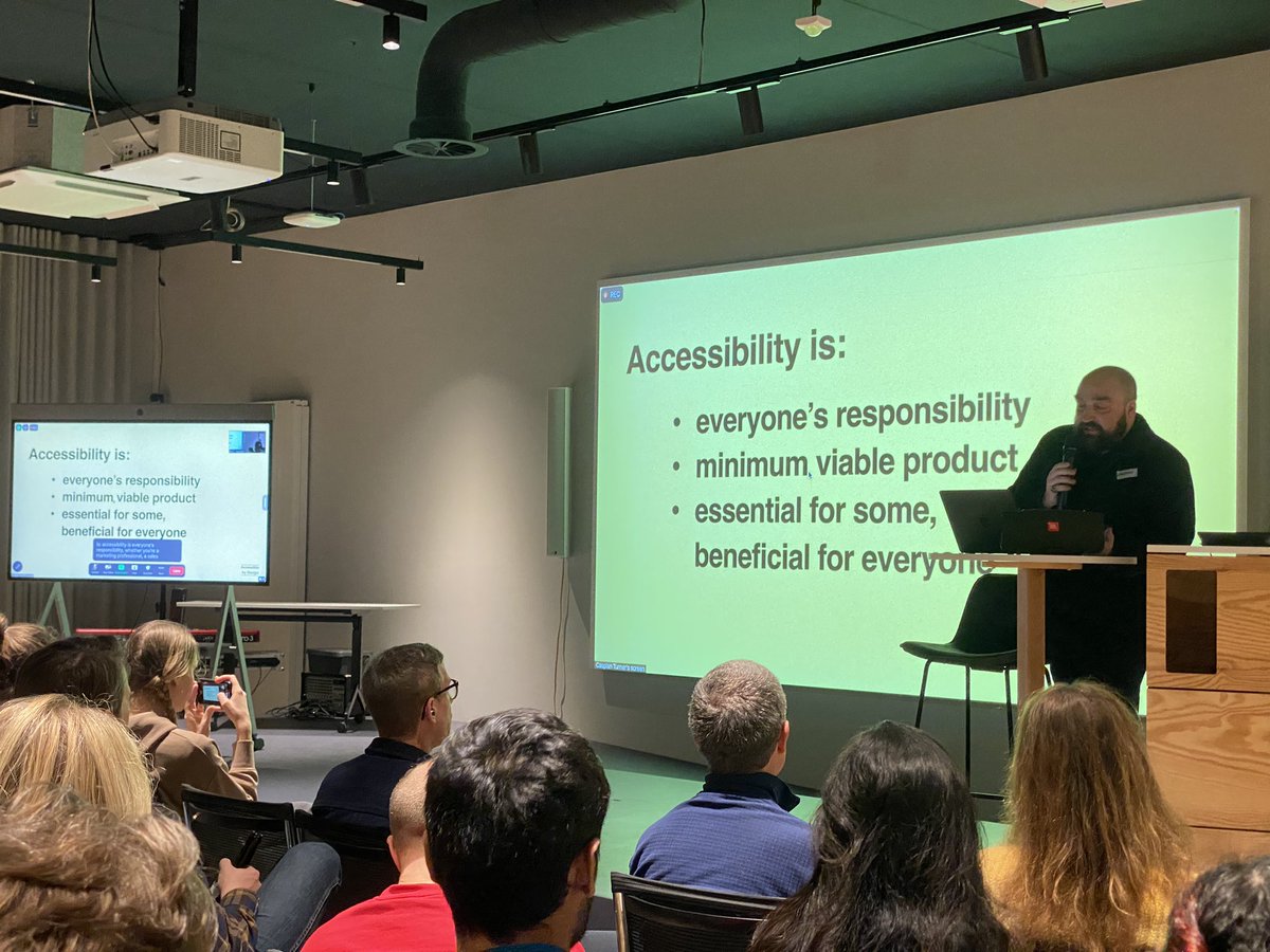 “Accessibility is: • everyone’s responsibility • minimum viable product • essential for some, beneficial for everyone” —good reminders from @CaspianTurner of ‘Accessibility by Design’ (@access_designed) at @a11yBerlin