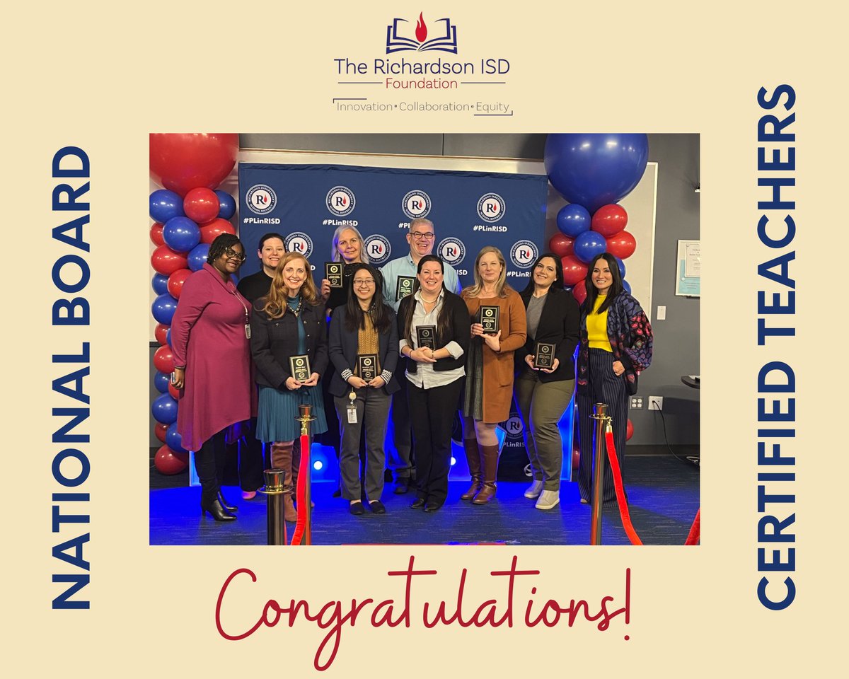 Huge congratulations to the 7 newly National Board Certified Teachers in RISD! Thanks to The Richardson ISD Foundation, in total they received nearly $7,000 in Impact Grants to complete the program. Your dedication inspires us all! #RISDWeAreOne #EmpoweringEducators