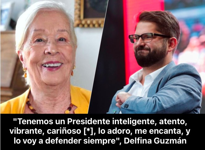 Delfina Guzmán elogió al Presidente Boric: "Tenemos un Presidente inteligente, atento, vibrante, cariñoso". La actriz de 95 años se declaró devota del presidente Boric: "A ese cabro lo adoro, me encanta, y lo voy a defender siempre, ahora más que nunca, porque lo están tratando