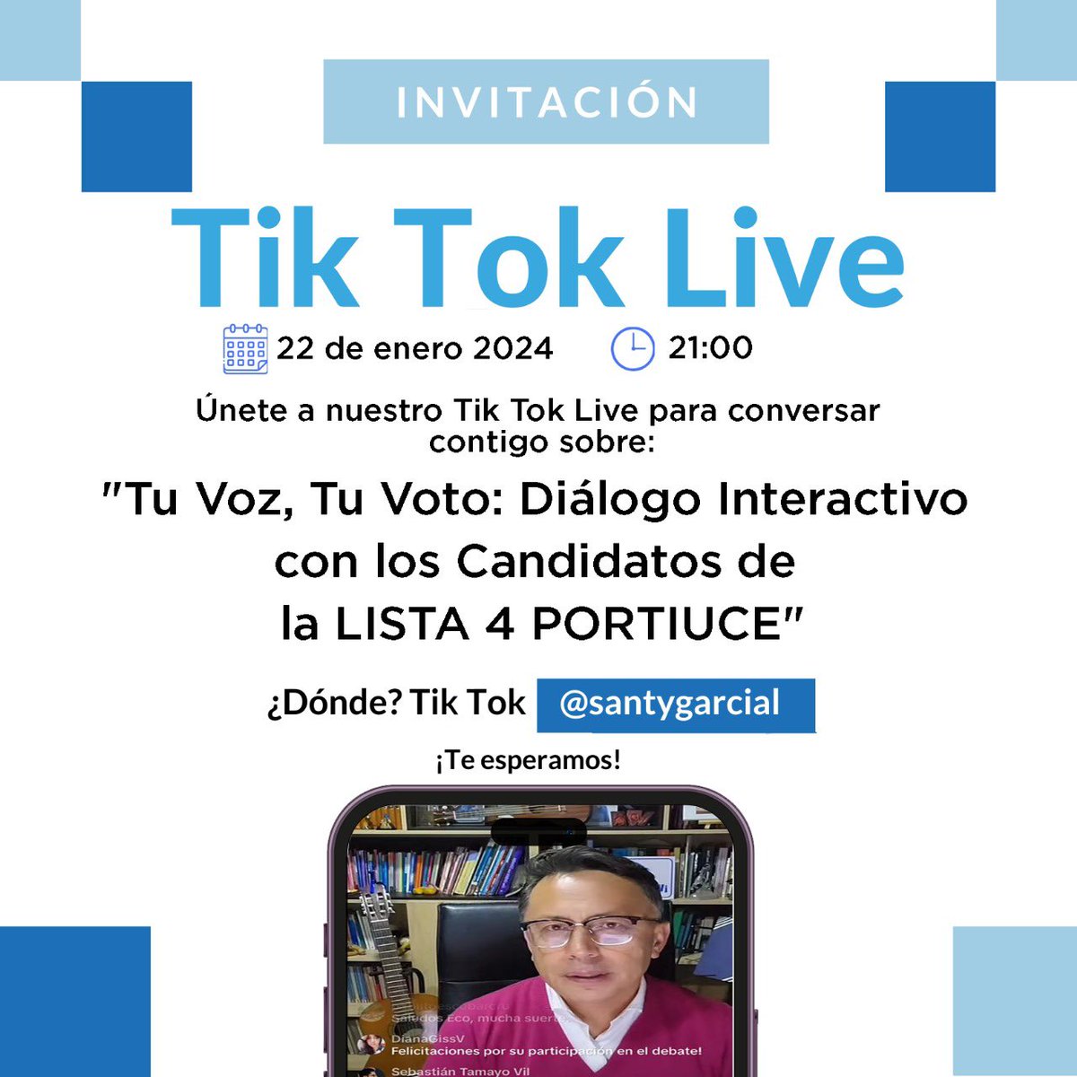 PorTIUCE's tweet photo. ¡Ven a dialogar con nuestros 4 candidatos hoy en #TikTokLive!
#PorTIUCE #VotaSinMiedo
¡Lista 4! #4U 
Nuestra propuesta: https://t.co/MMCsI1GZ2Q 
#UnaPropuestaDeVerdad #UniversidadCentralDelEcuador #estudiantes #UCE #Centralinos #VaporTI #RectorUCE #EleccionesUCE2024 https://t.co/ycjAcKXomV