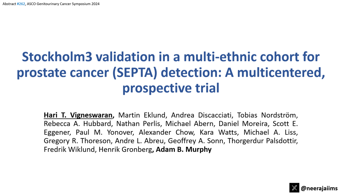 neerajaiims's tweet photo. Ab#262 @ASCO #GU24 #HariT.👉https://t.co/sveelRIODT👉Stockholm 3 blood test vs PSA testing in SEPTA trial for #prostatecancer 👉 superior specificity vs PSA test ➡️avoid unnecessary bx👇@DrAdamMurphy @OncoAlert @urotoday @PCF_Science @Uromigos https://t.co/mmpzD4TmWk