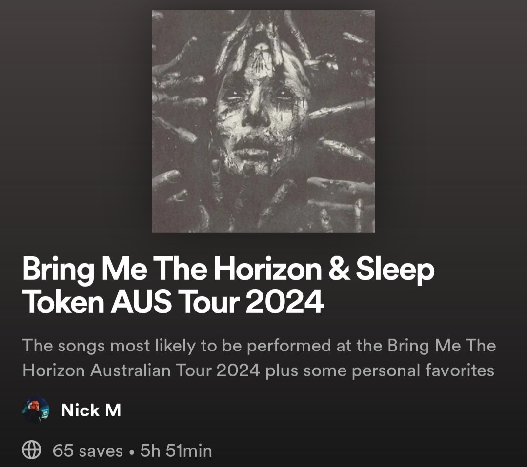 I noticed that a playlist I made on Spotify has been gaining some saves so if you are attending the shows and don't wanna be that person singing the wrong lyrics, hit the save button on this to make that number go up and give me that sweet hit of dopamine open.spotify.com/playlist/0k2lo…