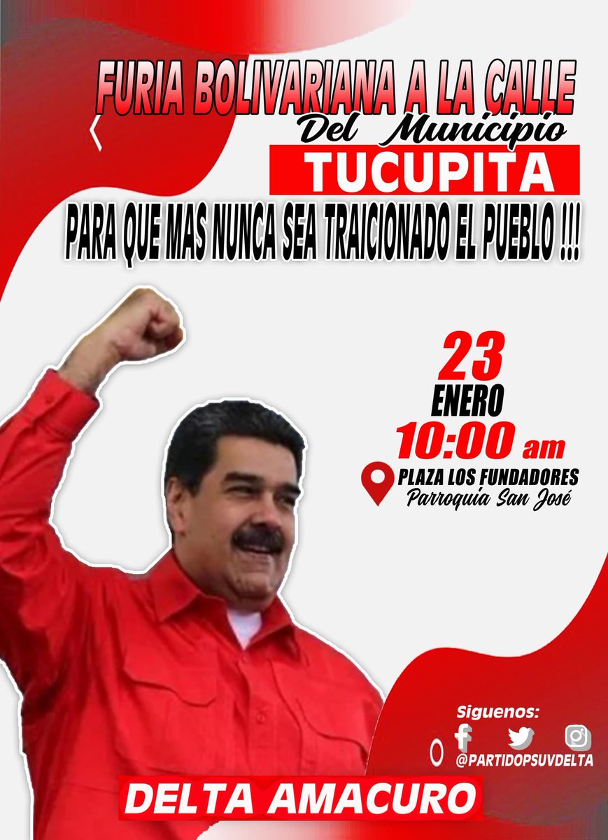 #22Ene✍️🇻🇪 #HaciaEl2030ConLas7T 
Mañana Martes 23 de Enero a partir de las 10:Am la FURIA BOLIVARIANA del Estado Delta Amacuro se desborda a la calle en apoyo a nuestro Presidente @NicolasMaduro @soteldoadriana8 @totono56 @CumariEn @4Freddy23 @SKtira24 @SoyCarrion95 @domisol4f