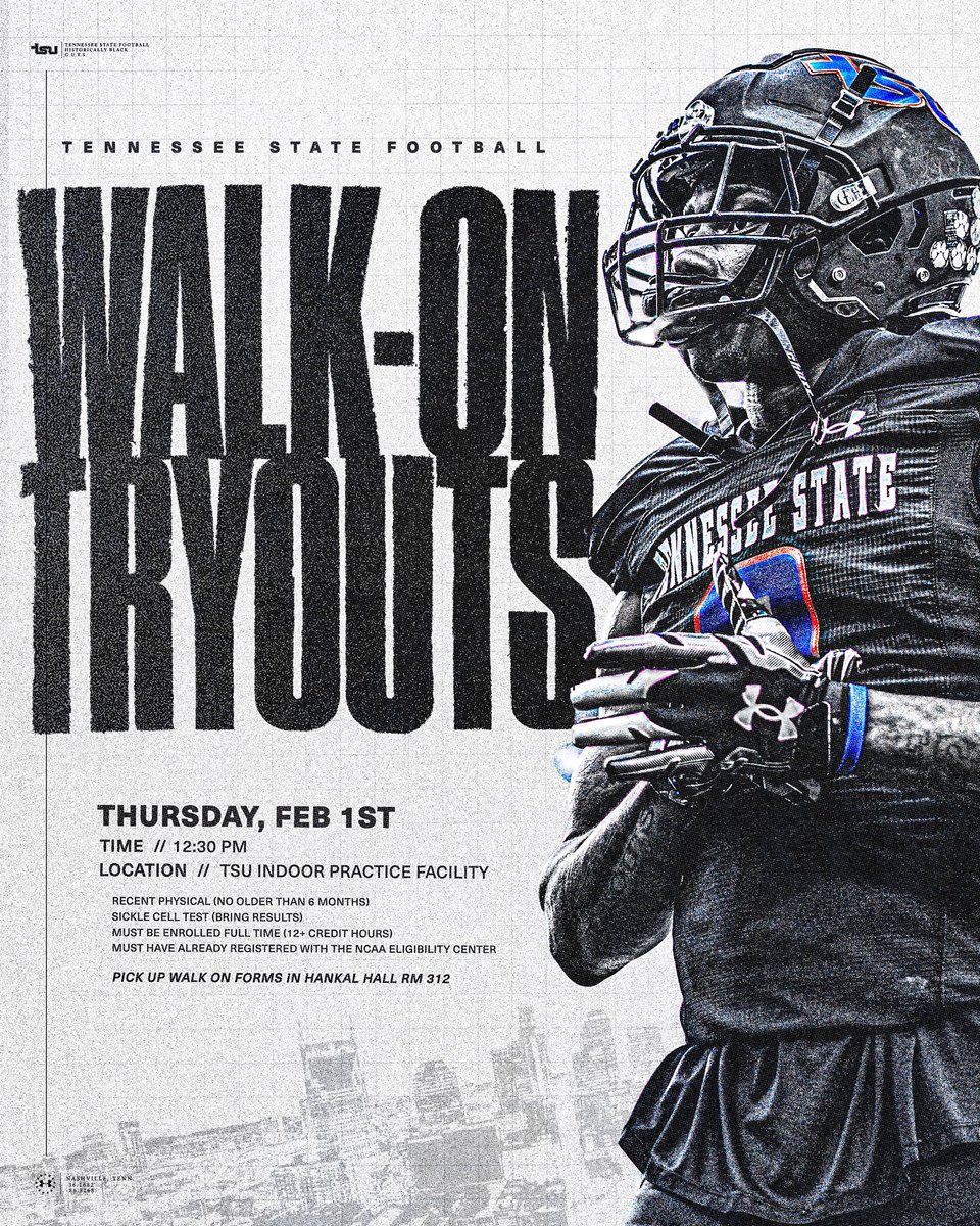 🚨 It’s that time again!! @TSUTigersFB will be having walk-on tryouts on Thursday, February 1st at the indoor practice facility 🚨 Forms can be picked up in Hankal Hall Rm 312. Who’s gonna be the next great 🐅!! #RoarCity