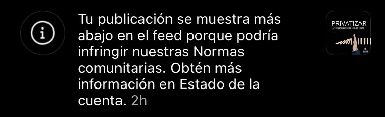 partidolibertad's tweet photo. ⚠️Nuestro post sobre la privatización en instagram ha sido censurado.
Y hay más cuentas libertarias afectadas 👇 https://t.co/YQqn4rua32