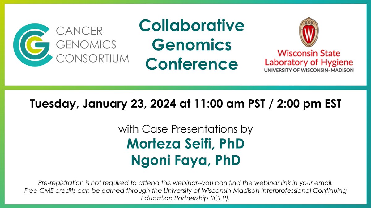 Please join us tomorrow Tuesday, January 23, 2024 for the January monthly Collaborative Genomics Conference. This CME-accredited webinar is a join collaboration between @UWMadison and @CG_Consortium. Registration is not required, look for the webinar link in your email.