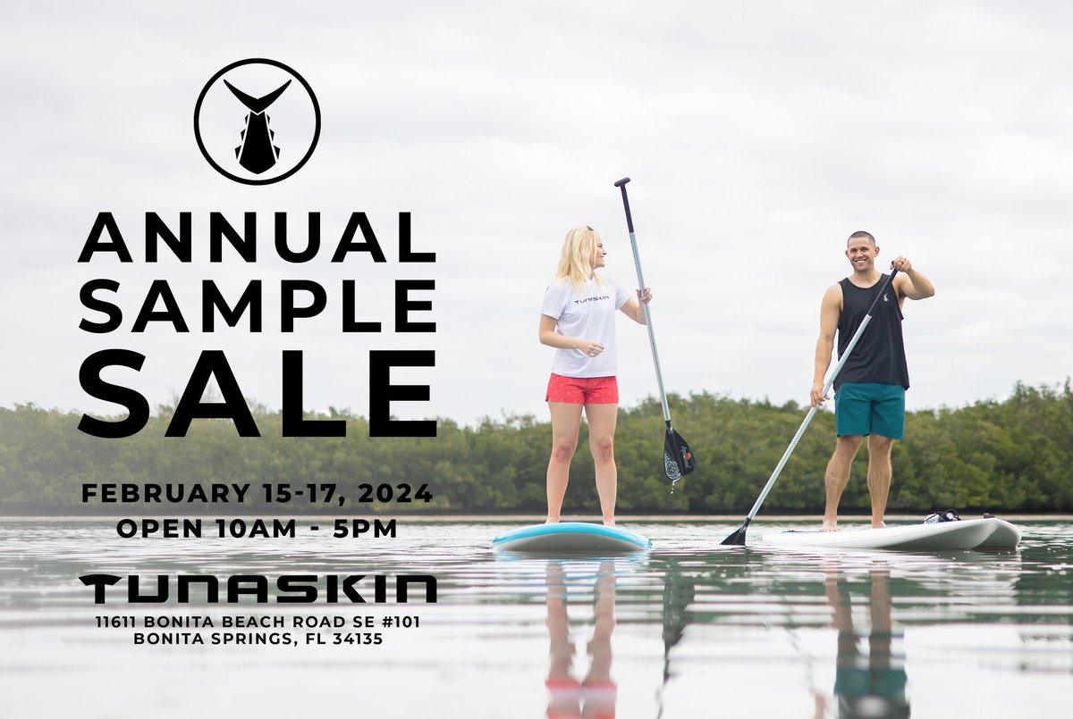 Our Annual Sample Sale is back in Bonita Springs! Exclusive Tunaskin apparel and accessories will be discounted up to 75% off. The sale items include discontinued styles, samples &amp; imperfects. Size inventory is not guaranteed &amp; there may only be limited pieces of select styles.