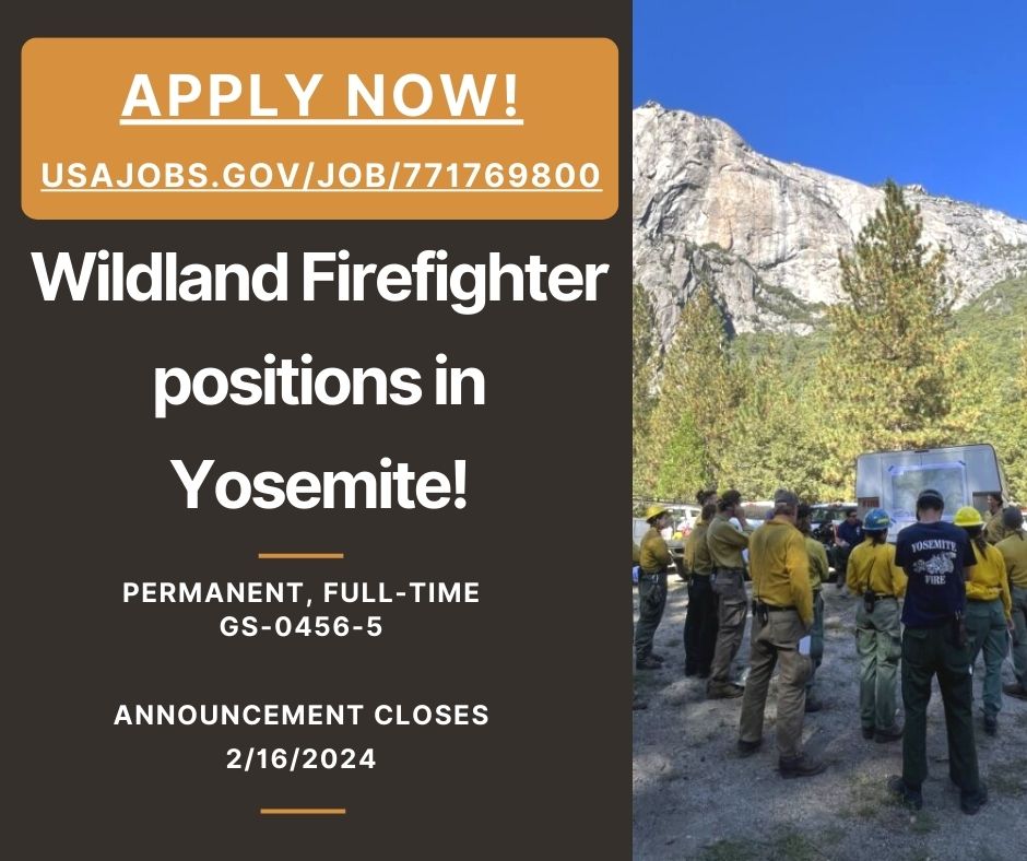 Permanent, full-time Wildland Firefighter positions are open! Amazing opportunity to work in Yosemite - or with our friends at Arrowhead Hotshots, Crater Lake National Park, Olympic National Park, or Redwood National and State Parks. Please share! #firefighter #jobopportunity