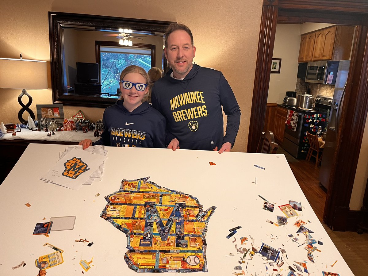 timgaedtke's tweet photo. Just a couple of Brewer fans getting their baseball fix in the dead of winter!  We cut up some old Brewer baseball cards to make this mosaic of the Brewers WI logo.  See you in Phoenix! @DimTillard @BartWinklerShow @SophiaMinnaert @TimAllenRants @Brewers https://t.co/q5woO8FKYU