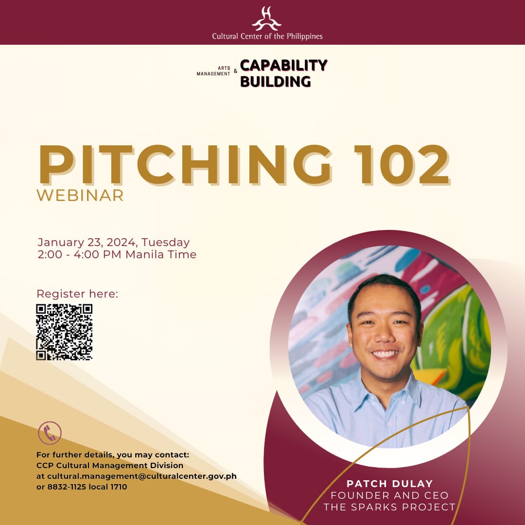 SEE YOU LATER!

Join us for an engaging and informative webinar on “PITCHING 102”, where invited experts will share invaluable insights and strategies to help you perfect your pitch and captivate your audience.

#CulturalCenterofthePhilippines
#culturalcenterph
